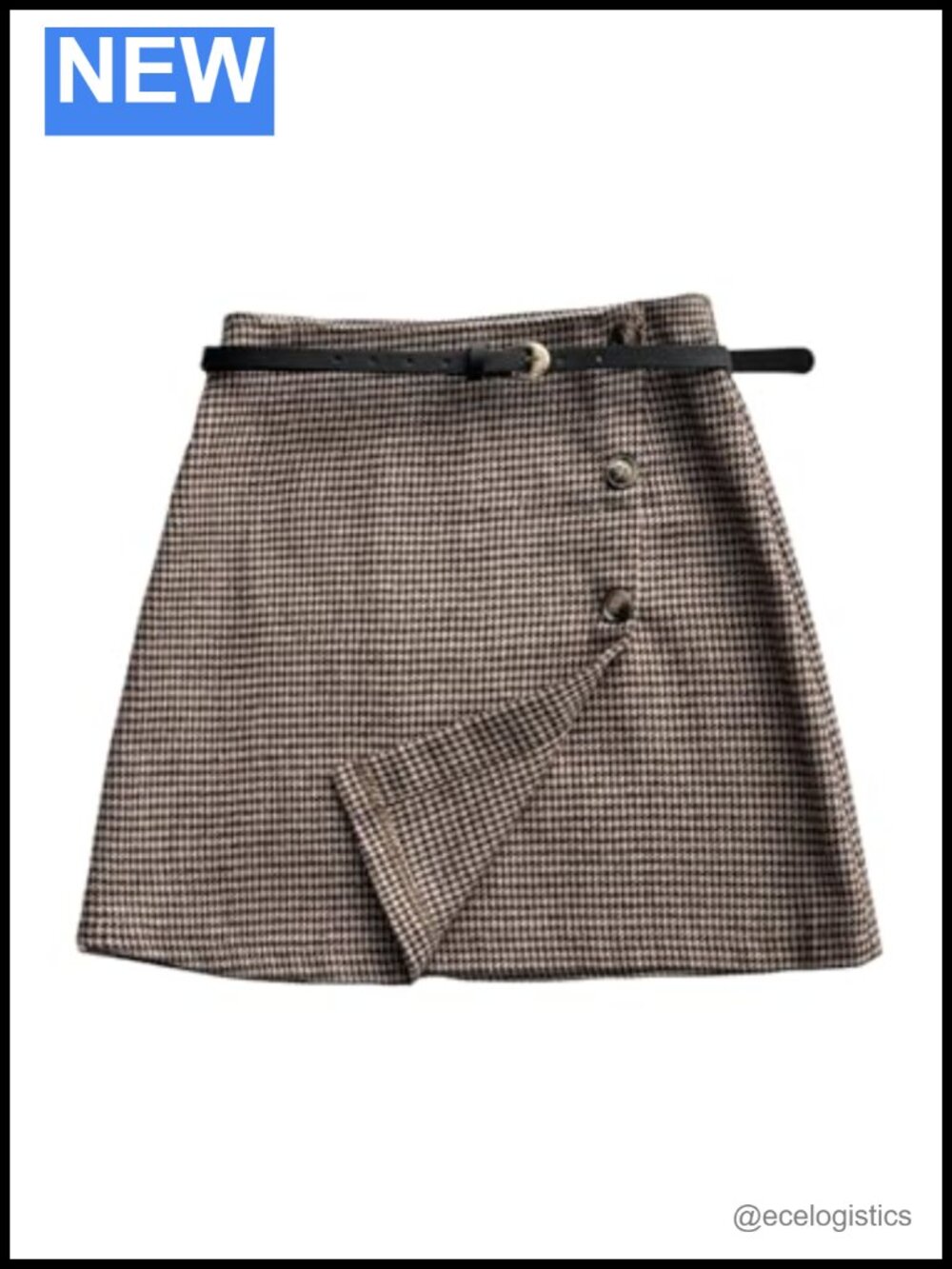 Houndstooth Mini Skirt Button Front Business Casual with Belt